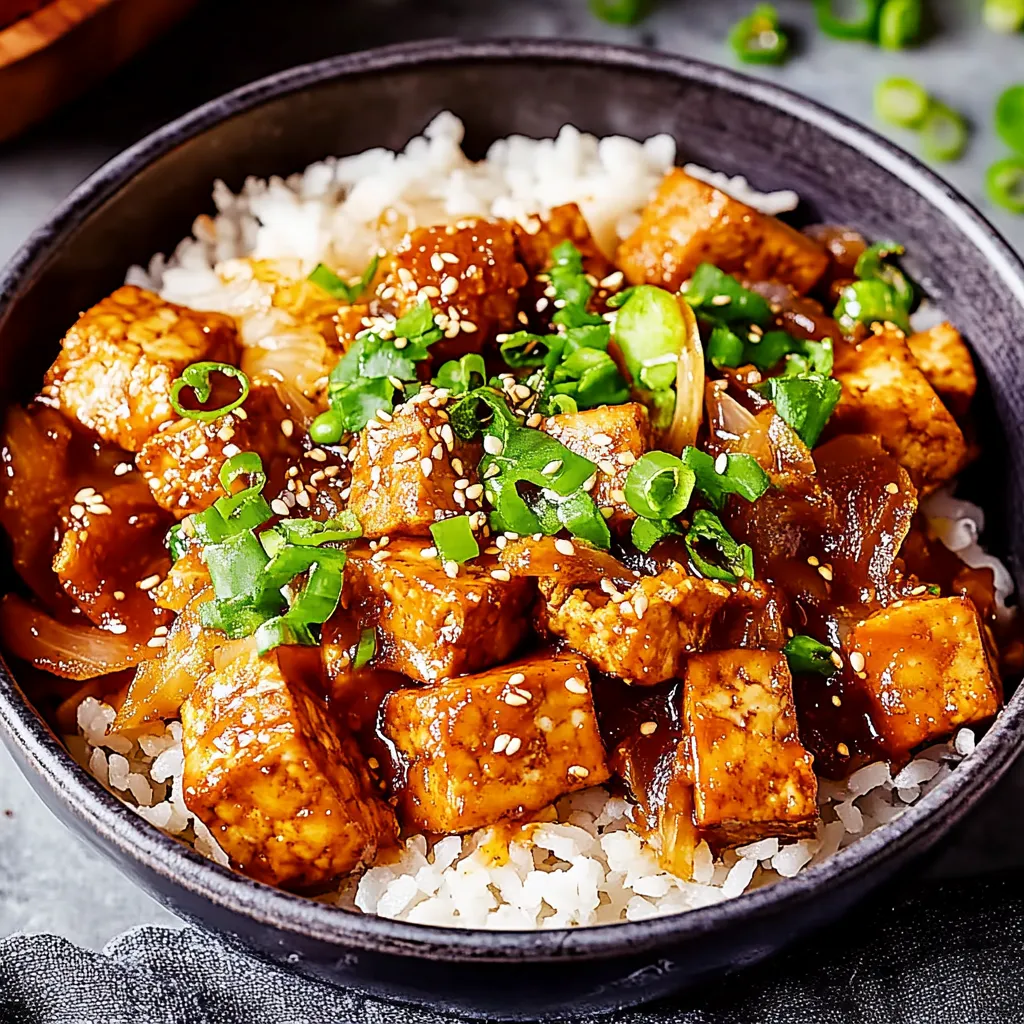 Ein schwarzes, glänzendes Bowl mit einer Mischung aus Reis, Rindfleisch und Zwiebeln.