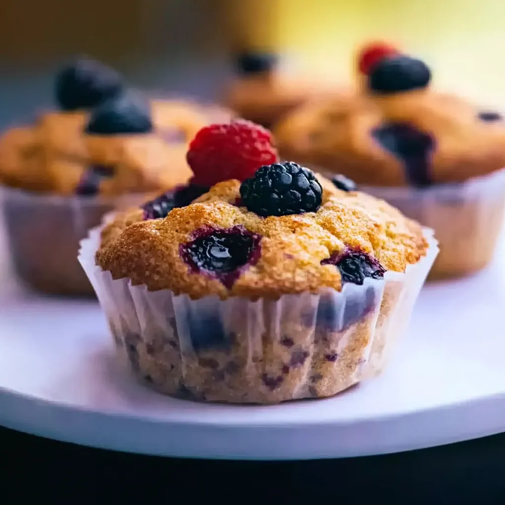 Ein kleiner, weißer Becher mit einem muffin, der mit Blaubeeren und Raspberry garniert ist.