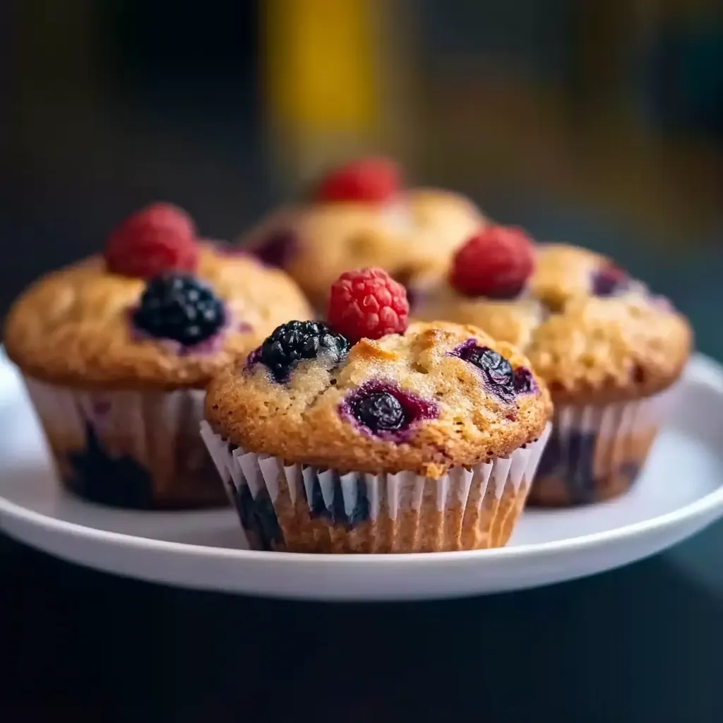 Ein weißer Teller mit drei Muffins, die mit Raspberry und Blaubeere garniert sind.
