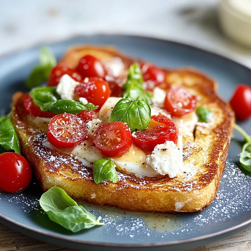 Eine Platte mit Toast mit Tomaten und Basilikum darauf.