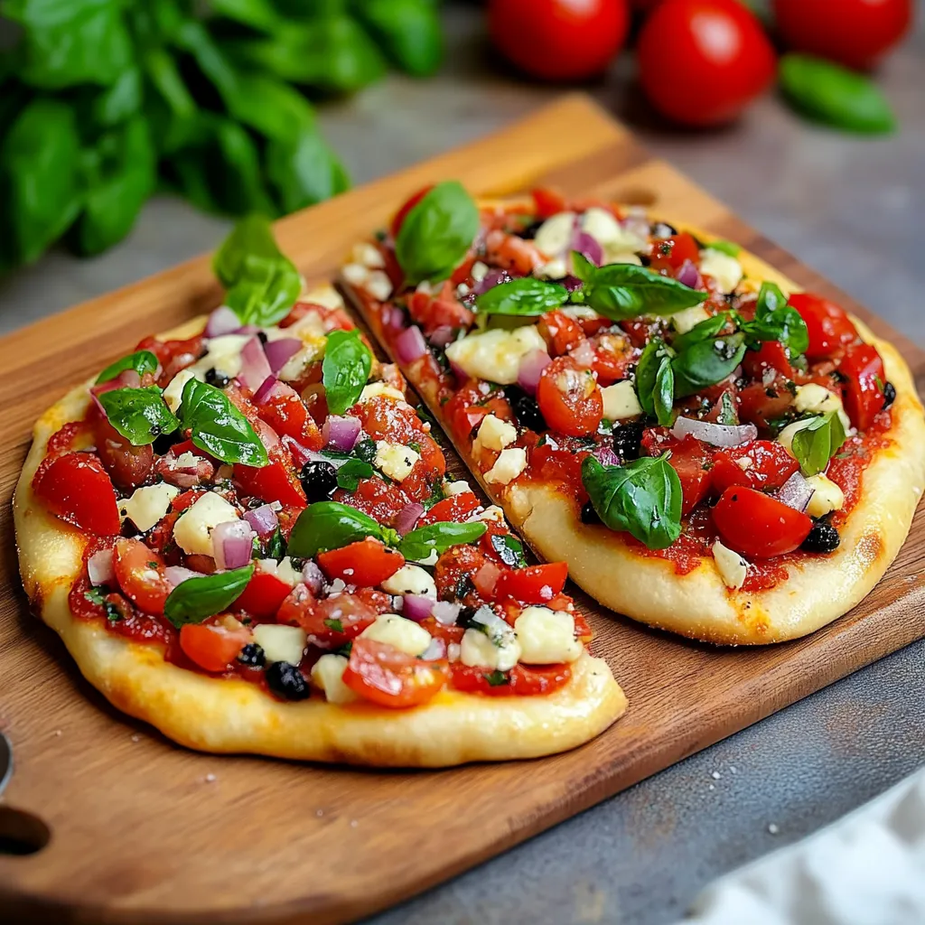 Zwei pizza mit grünen Blättern und Tomaten auf einem Brett.