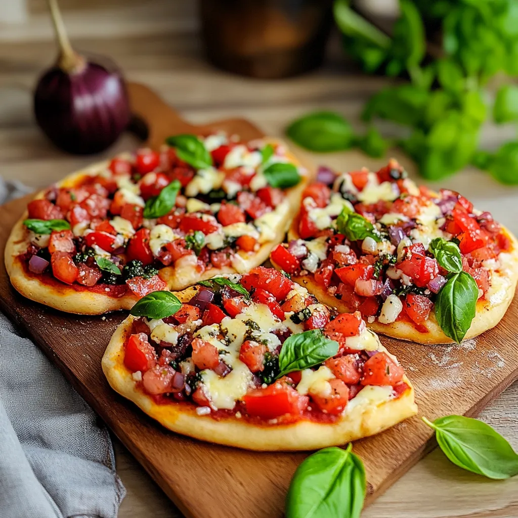Zwei Pizza mit Tomaten und Basilikum auf einem Brett.