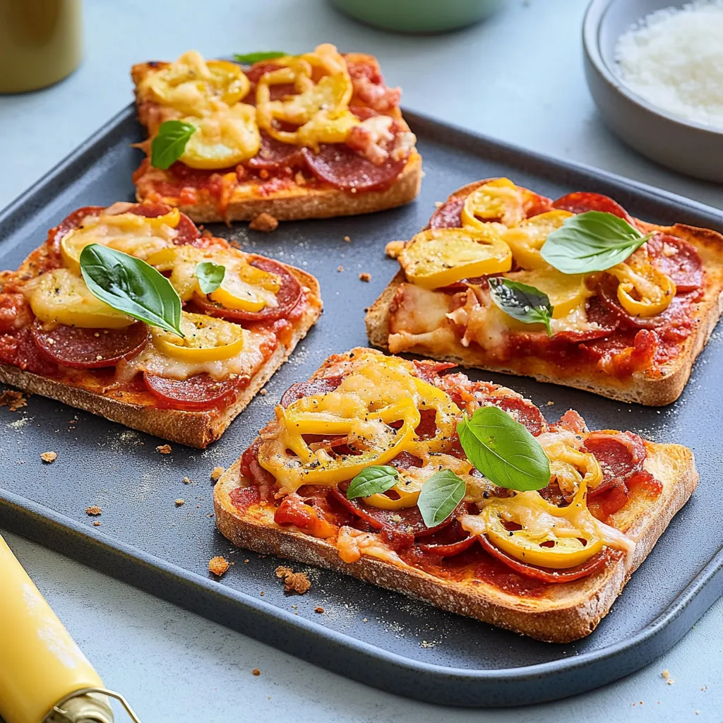 Eine Tafel mit vier Scheiben Pizza auf einem Blech. Jede Scheibe hat verschiedene Zutaten wie Tomaten, Basilikum und Zwiebeln.