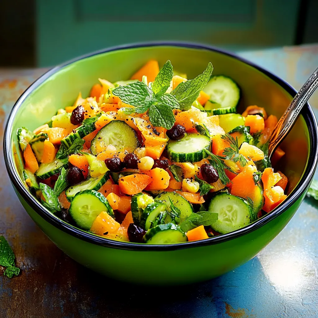 Ein grüner Becher mit einer Mischung aus Zucchini, Paprika, Melisse und anderen Gemüse.