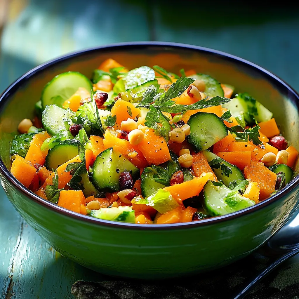 Ein großer, grüner Becher mit einer Mischung aus Gemüse, darunter Zucchini, Paprika, Kürbis und Koriander.