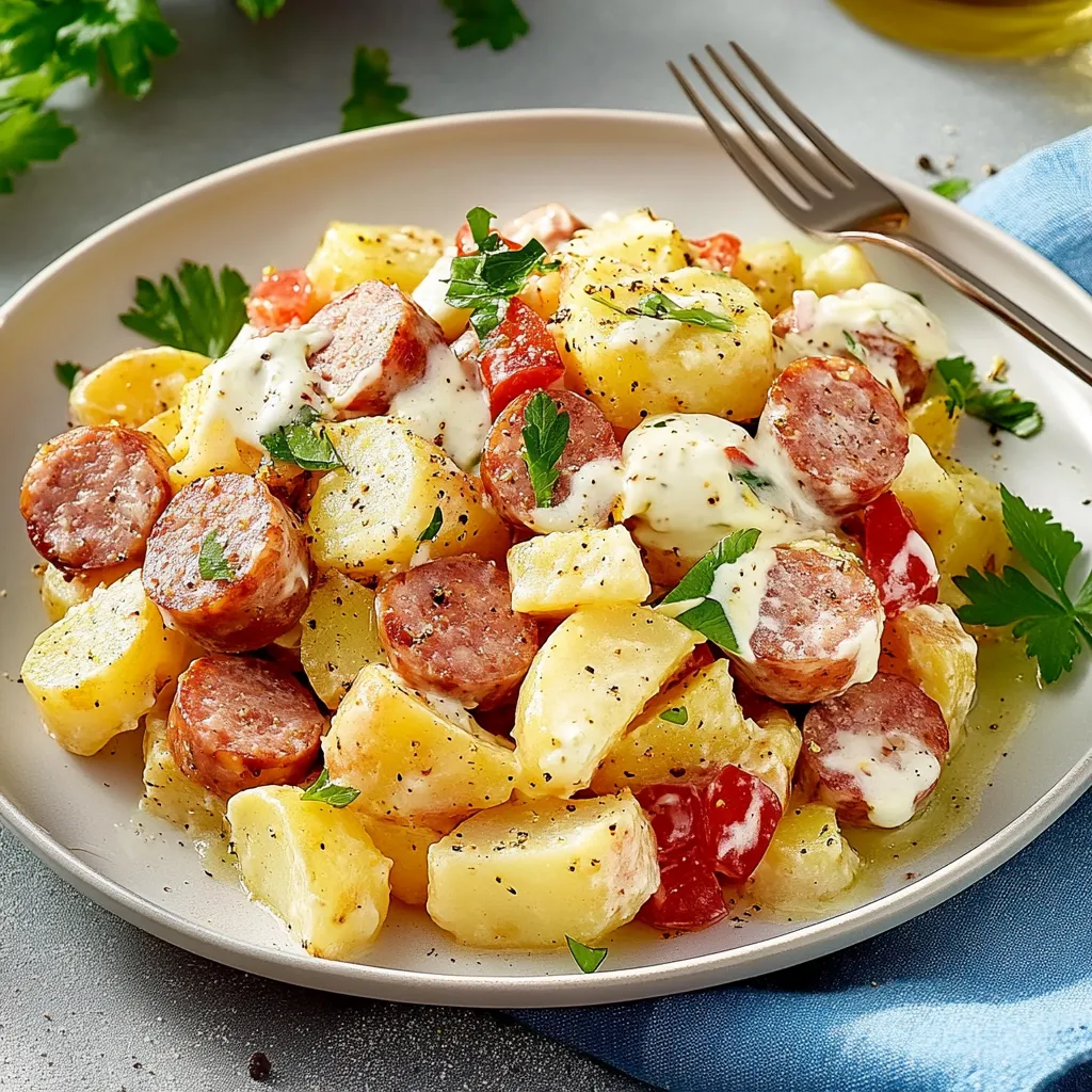 Ein weißer Teller mit einer Mischung aus Kartoffeln, Zwiebeln, Tomaten, Sardinen und Sauce.