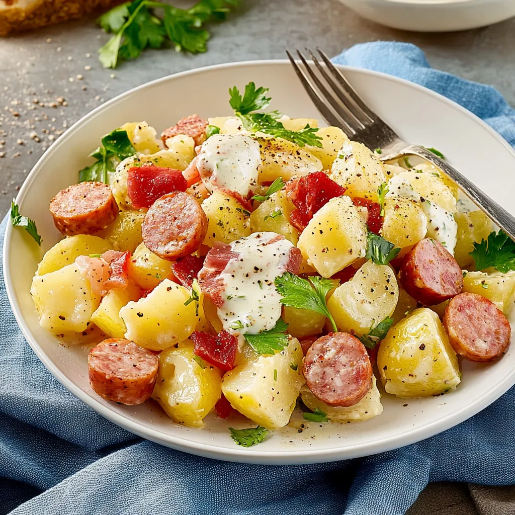 Ein weißer Teller mit einer Mischung aus Kartoffeln, Zwiebeln, Sellerie, Tomaten, Knoblauch und Salz.