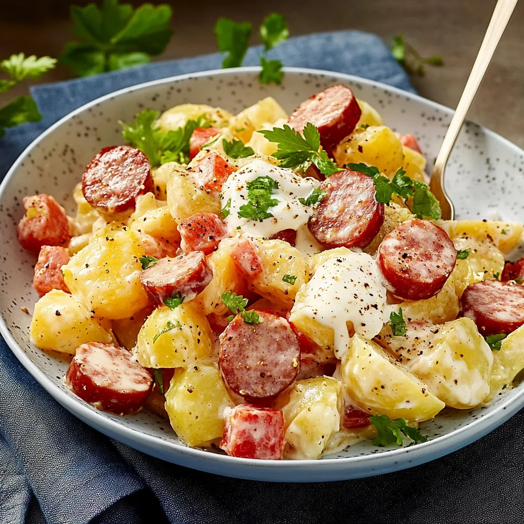 Ein weißer Teller mit saurem Käse, Kartoffeln, Zwiebeln und Sausage.