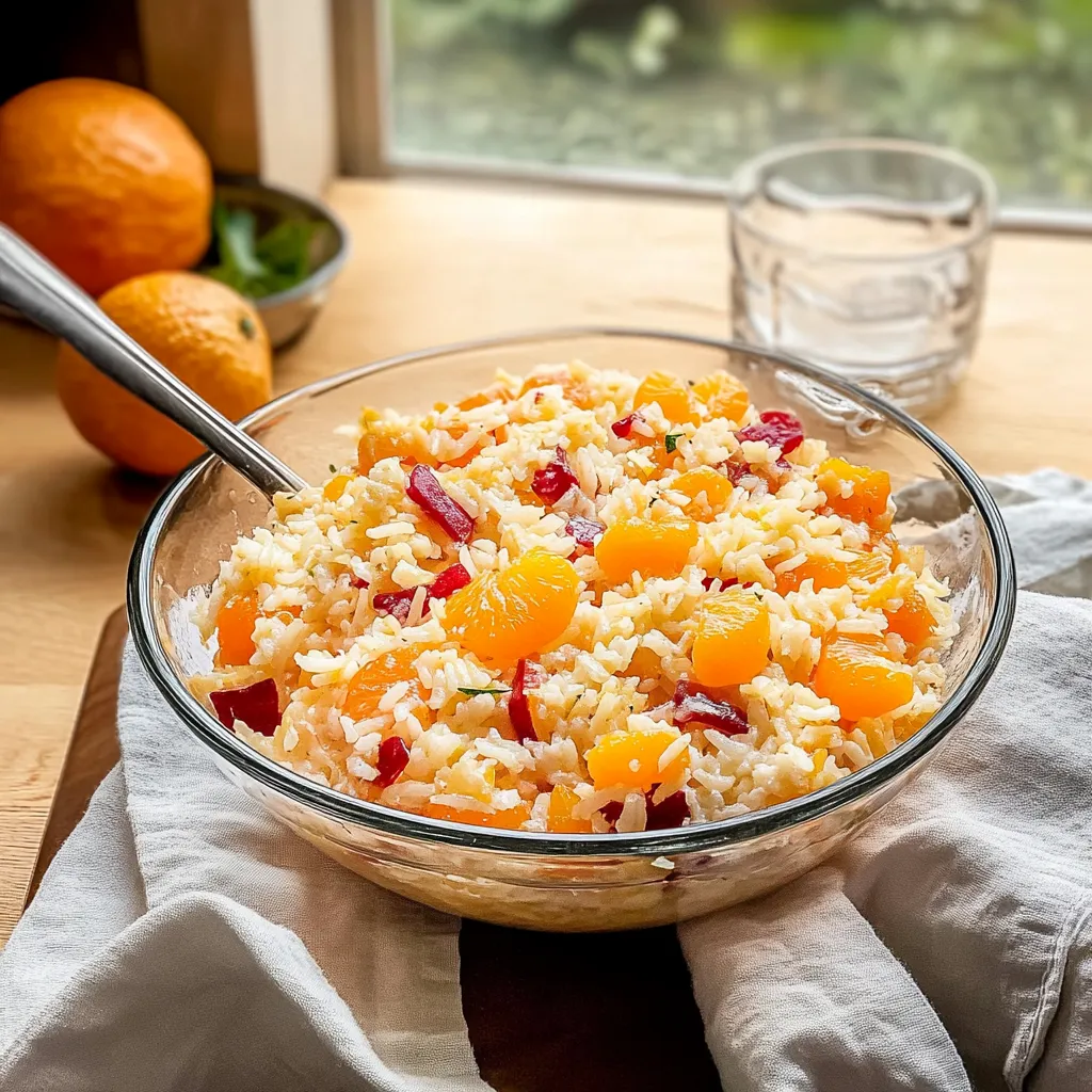 Ein Glas mit Rice und Orangensaft auf einem Tisch.