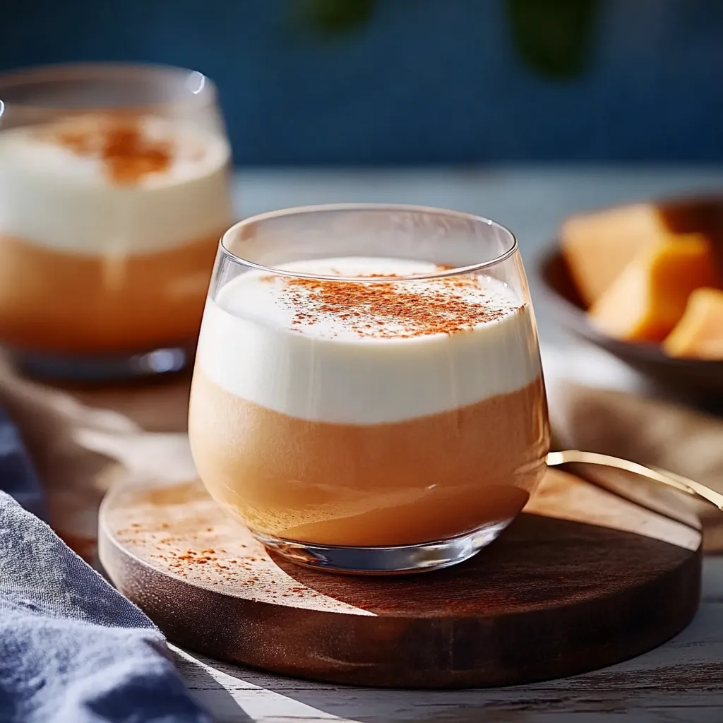 Ein Glas mit einer cremigen Mischung, die aus einer Tasse Milch und einer Tasse Kaffeefilterkaffe hergestellt wurde, auf einem Tisch.