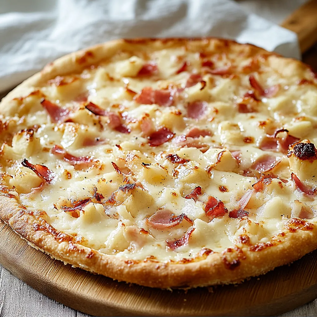 Eine pizza mit ham und pineapple auf einem Brett.