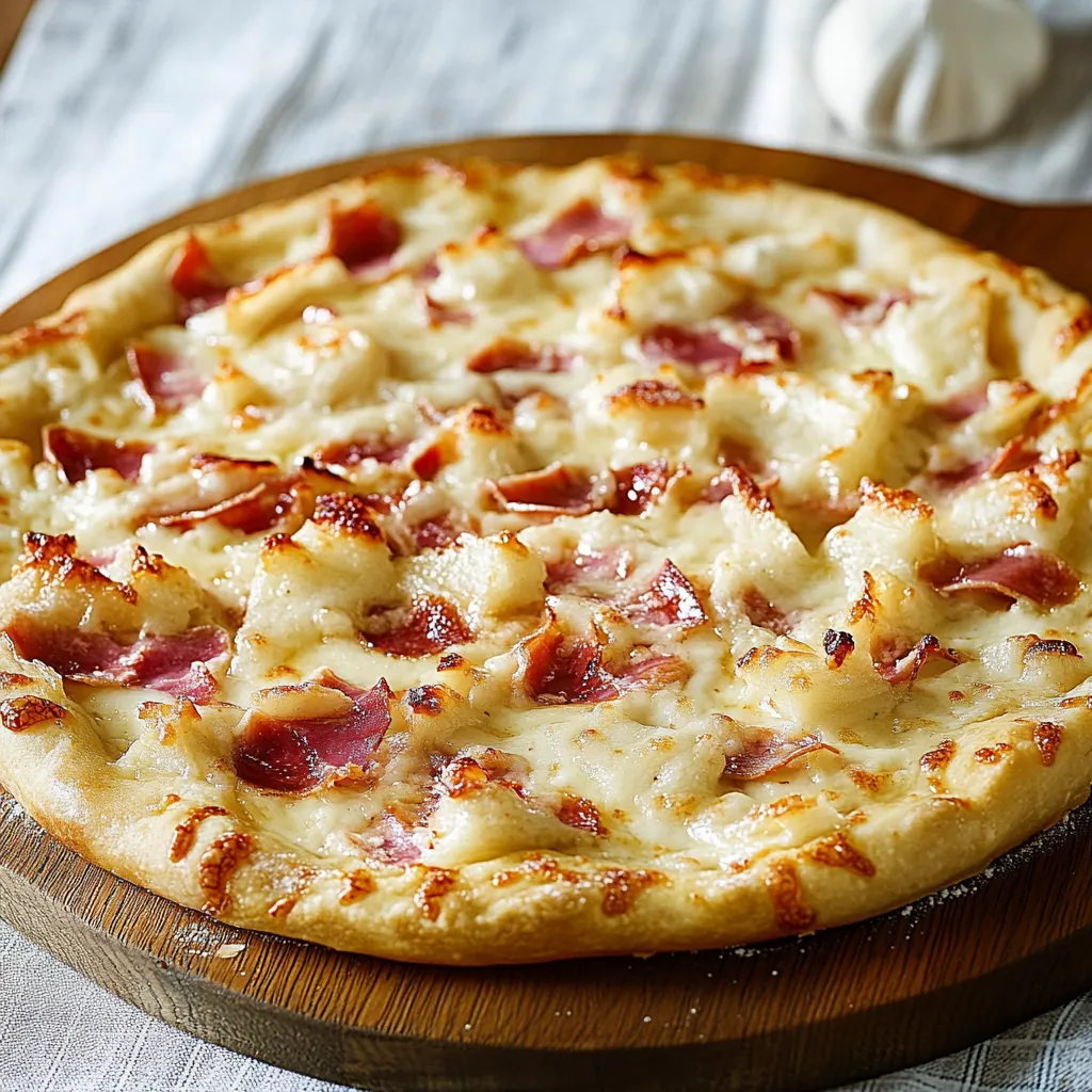 Eine pizza mit häutendem Fleisch und Käse auf einem Brett.