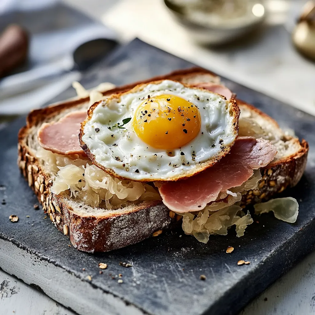 Eine Toast mit Ei und Käse auf einem Tisch.