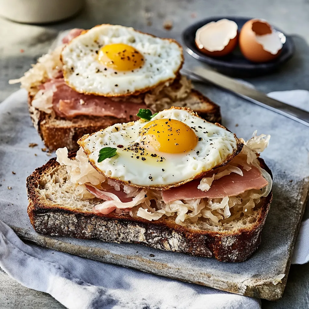 Eine Scheibe Toast mit Eiern und Zwiebeln darauf.