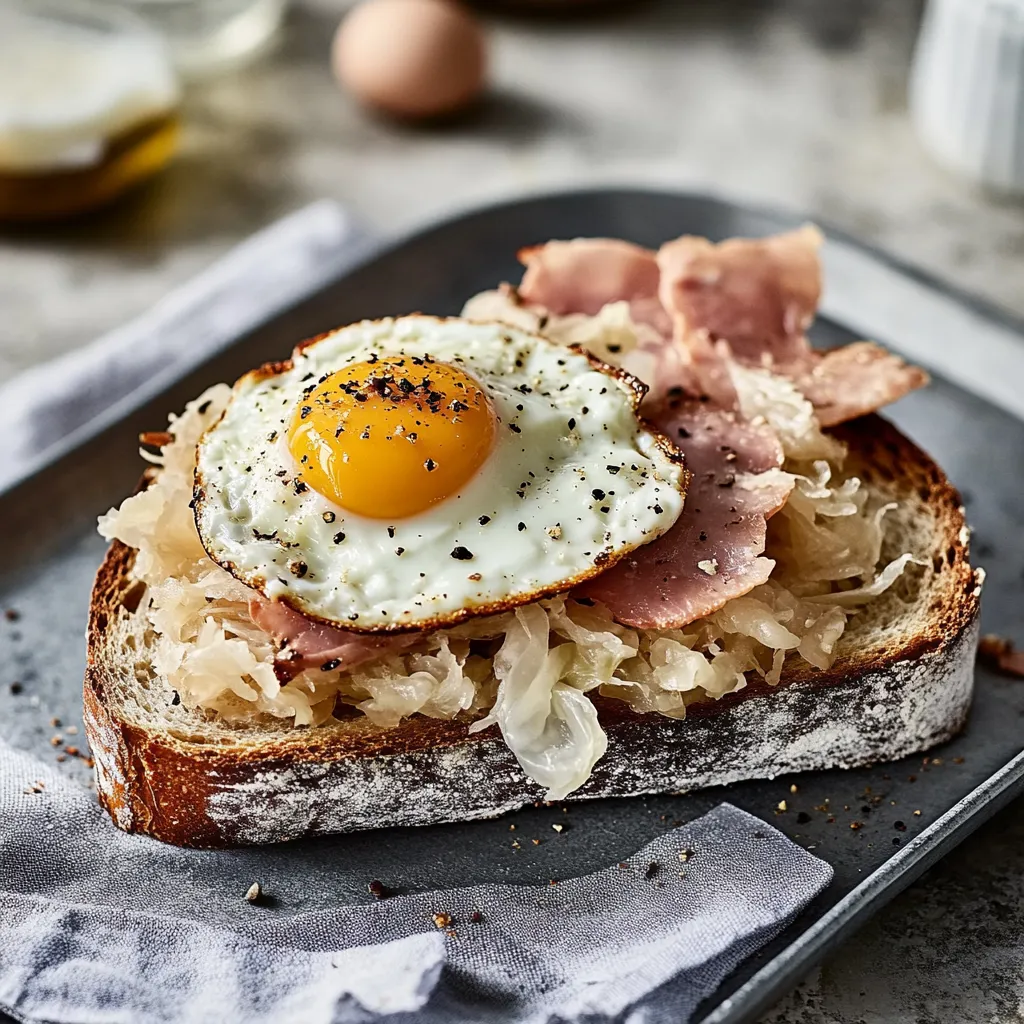 Ein Toast mit Ei, Salat und Schinken auf einer Platte.