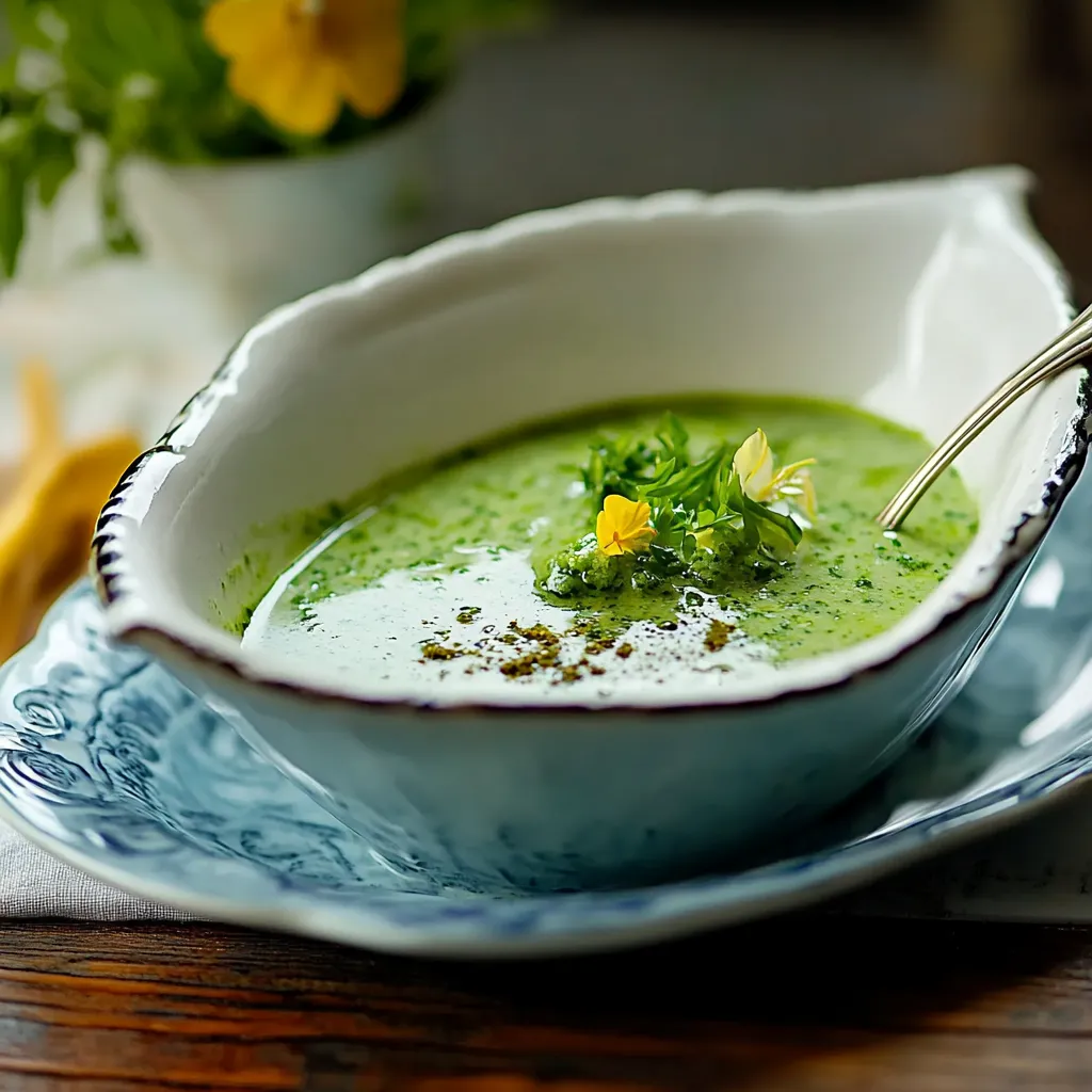 Ein weißer Teller mit einer Schüssel voller grüner Suppe, die mit einer Garnitur aus Zwiebeln und einer Blume garniert ist.