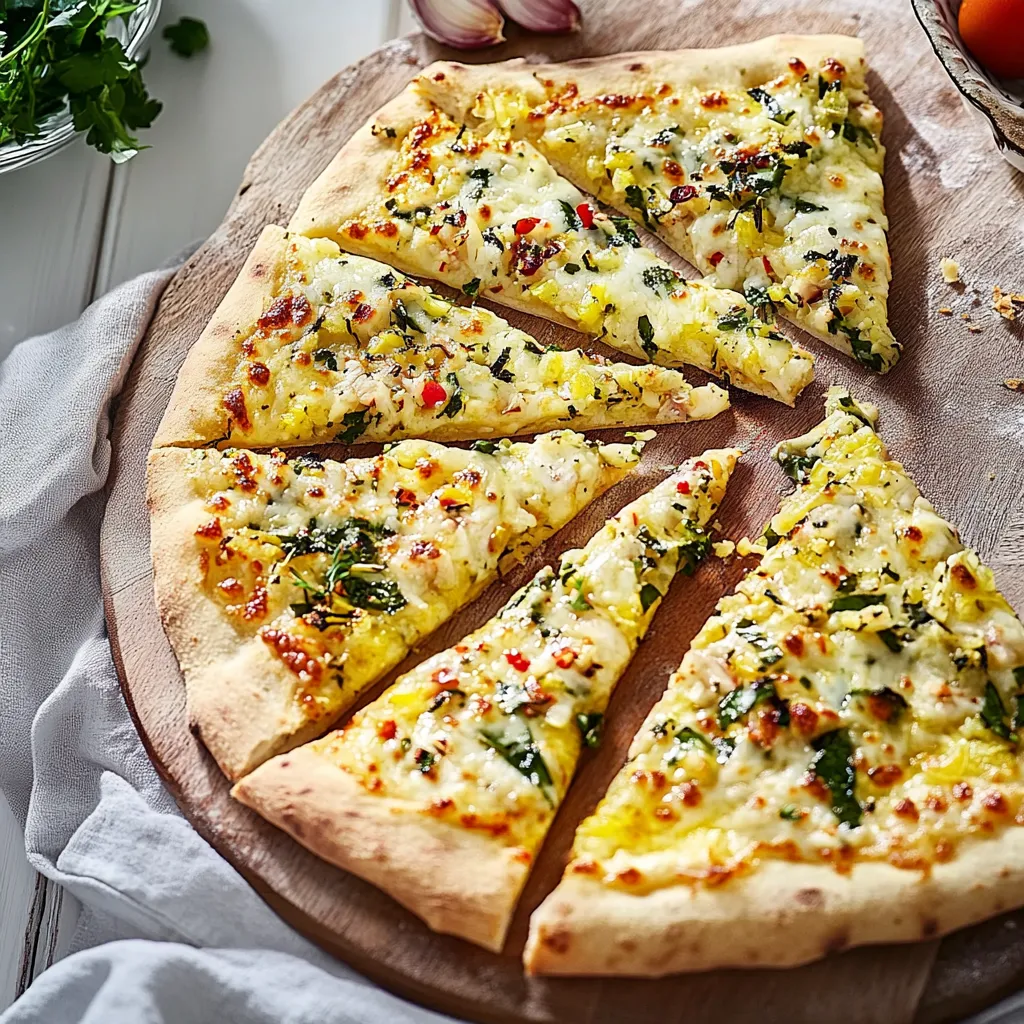 Eine Pizza mit grünen Zutaten auf einem Brett.