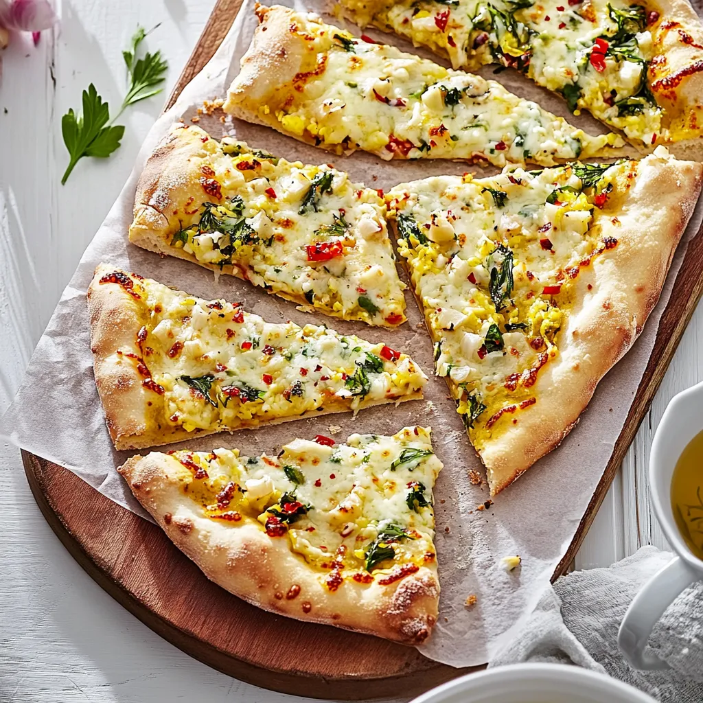 Eine Pizza mit verschiedenen Zutaten wie Käse, Zwiebeln und Tomaten auf einem Brett.