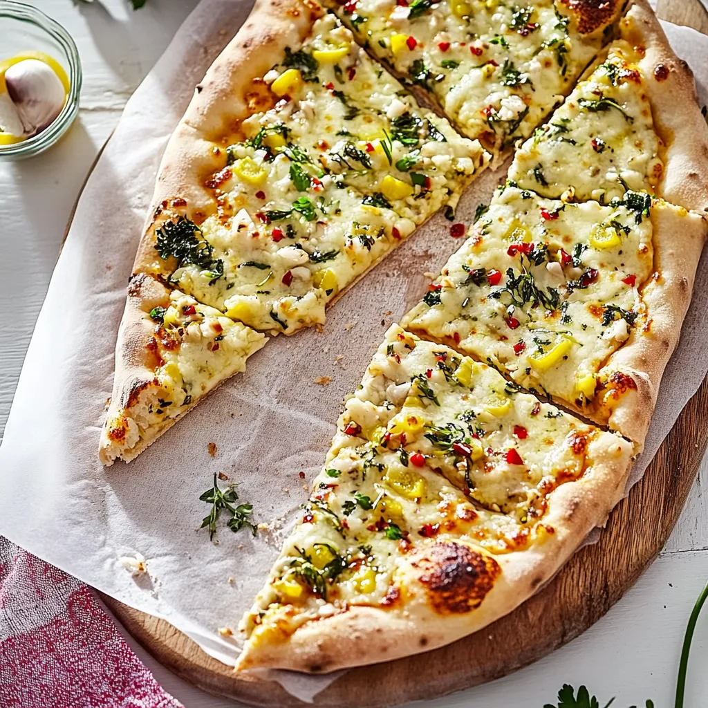 Eine halbe Pizza mit grünen Zutaten auf einem Brett.