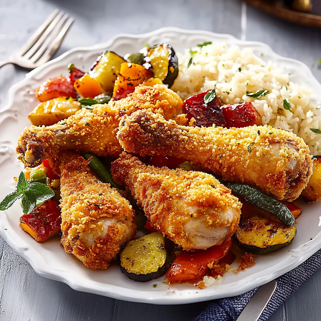 Ein weißer Teller mit frisch zubereiteten Zwiebeln, Paprika, Zucchini, Kartoffeln und Chicken.