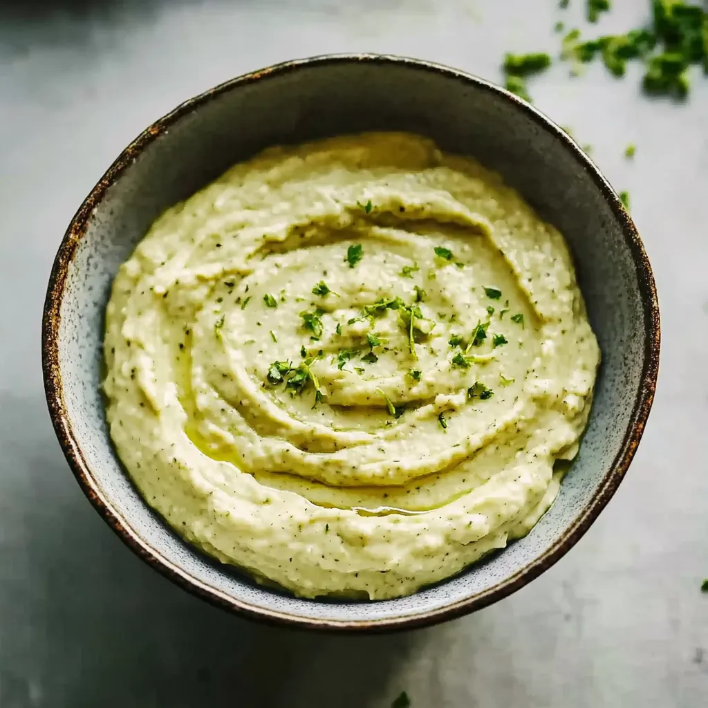 Ein Glas mit einer cremigen Mischung, die aus einer Mischung aus Mayonnaise, Käse und Zwiebeln besteht.