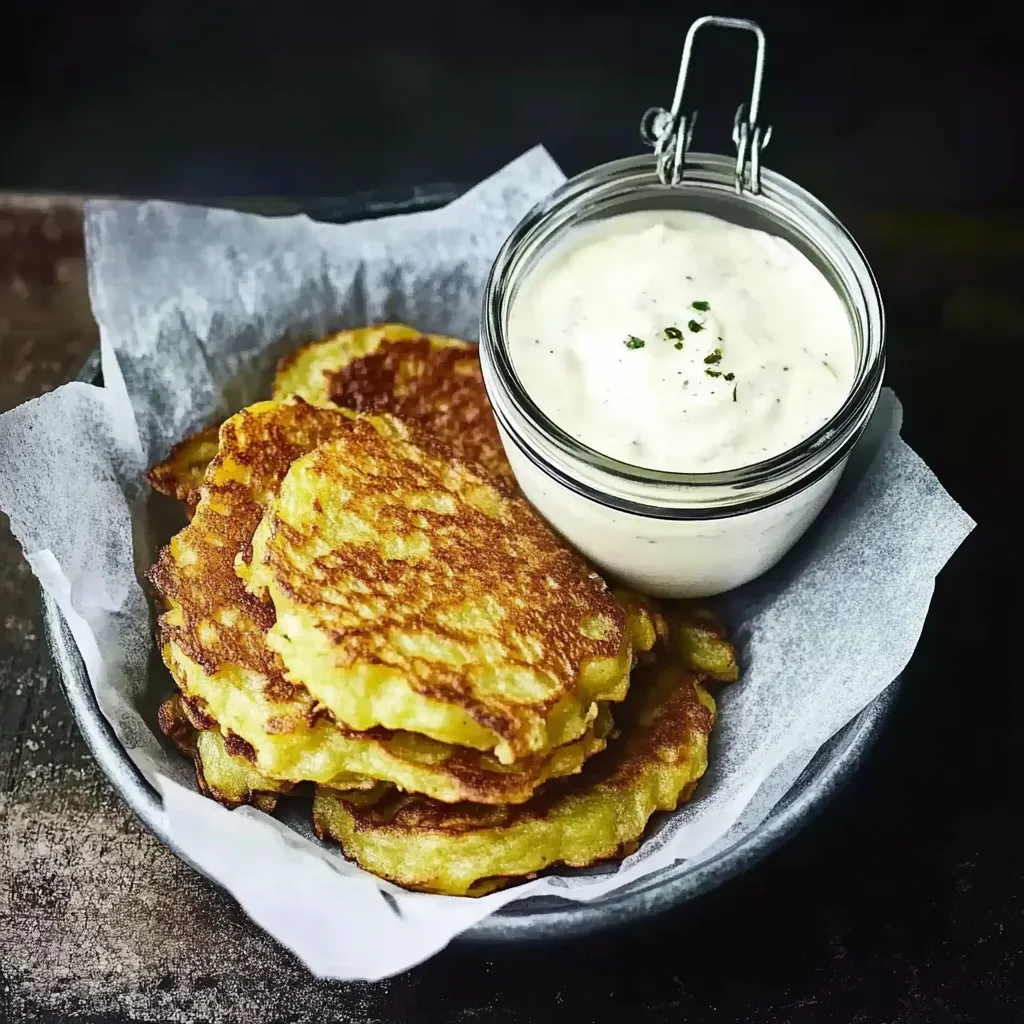 Ein Glas mit einer cremigen Substanz, die auf einem Teller mit Pancakes oder Eiern aufgetragen ist.