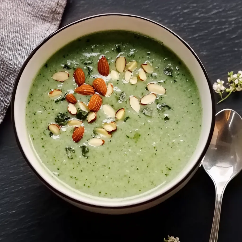 Ein Glas mit einer cremigen Mischung aus Nüssen, Almonds und einer grünen Zutate, die in einem schwarzen und weißen Teller serviert wird.