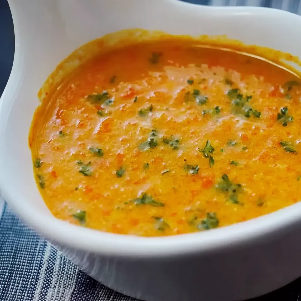 Ein weißer Teller mit einer cremigen, kräftigen Sauce, die mit Zwiebeln und Karotten garniert ist.