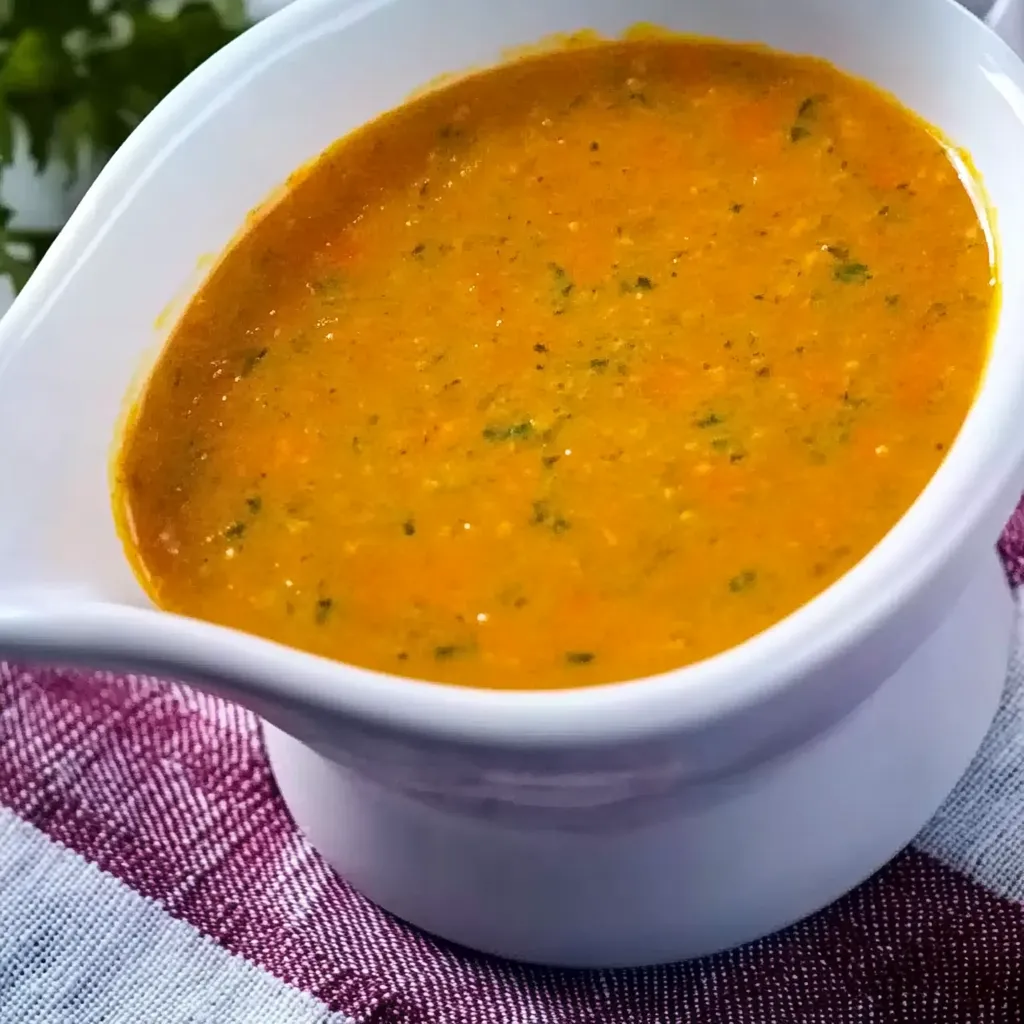 Ein weißer Teller mit einer cremigen, kräftigen Suppe, die mit einer Mischung aus Zwiebeln und Karotten zubereitet wurde.