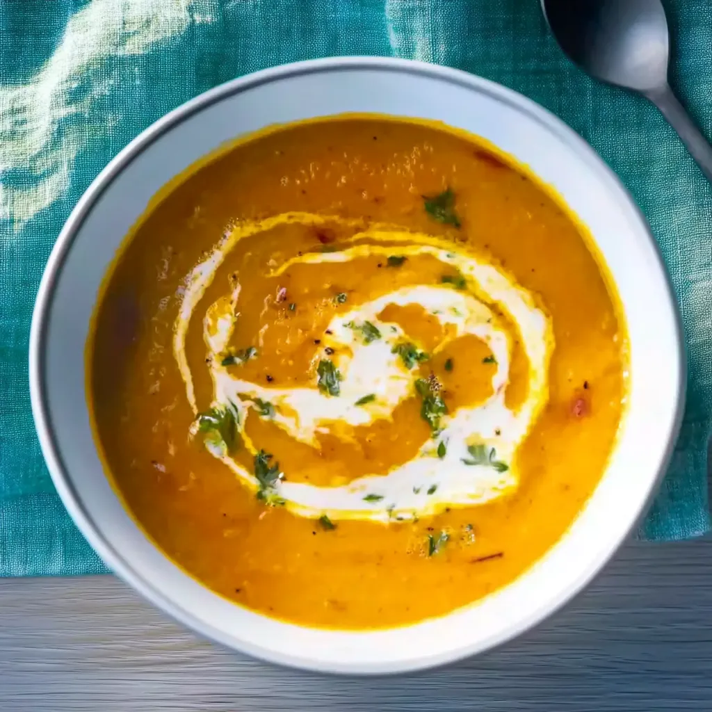 Ein weißer Teller mit einer cremigen, kräftigen Suppe, die mit Zwiebeln und Knoblauch garniert ist.