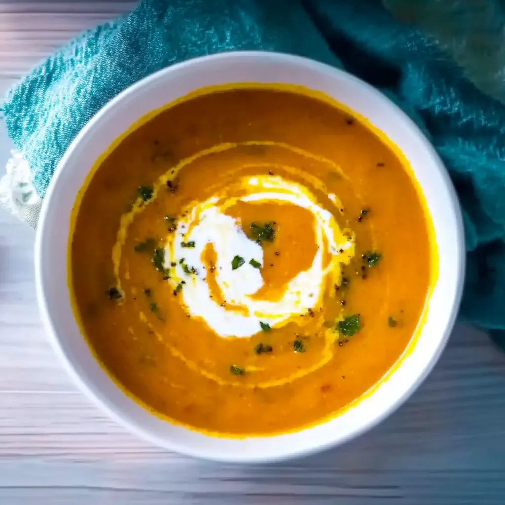 Ein weißer Becher mit einer cremigen, kräftigen Suppe, die mit Parmesan und Zwiebeln garniert ist.