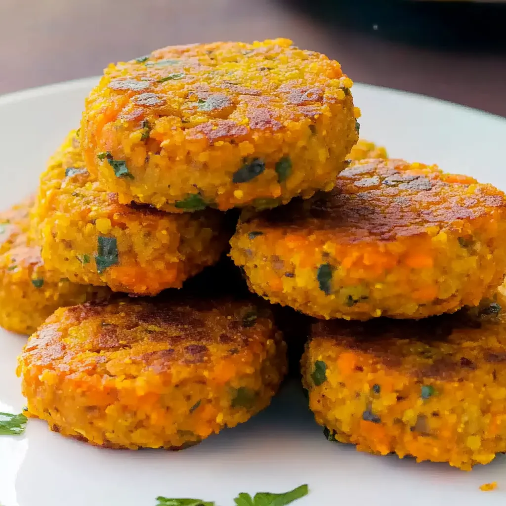 Eine Platte mit sechs pikanten Patties aus Kichererbsen.