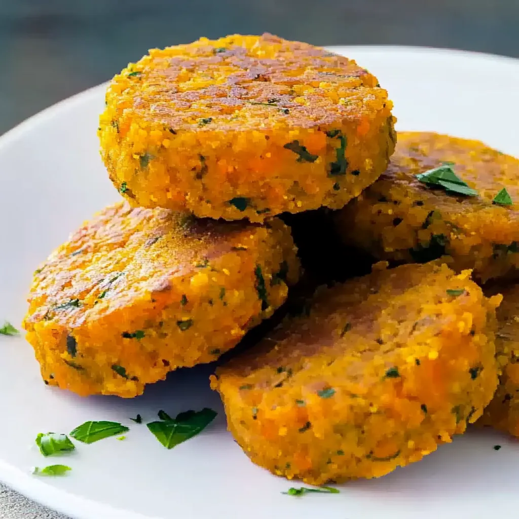 Eine Platte mit sechs Scheiben von kräftigen, kohlenhydratreichen, vegetarischen Patties, die mit Zwiebeln und Kräutern garniert sind.