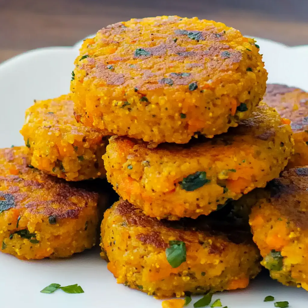 Eine Platte mit mehreren Scheiben von kräftigen, kohlenhydratreichen, vegetarischen Patties, die mit Zwiebeln und Kräutern garniert sind.