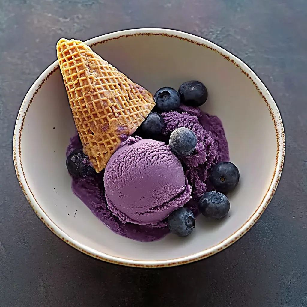 Ein weißer Teller mit Purpur-Eis, Purpur-Sorbet, Purpur-Saft und Purpur-Konfekt.