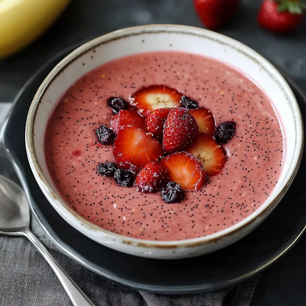 Ein Glas mit einer Mischung aus Strawberries, Bananas und Milch.