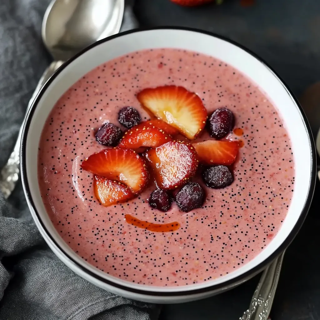 Ein Glas mit einer Mischung aus Strawberries, Raspberries, Beeren und einer fruchtigen Masse, die auf einem Teller mit einer Gabel und einer Schüssel vorliegt.