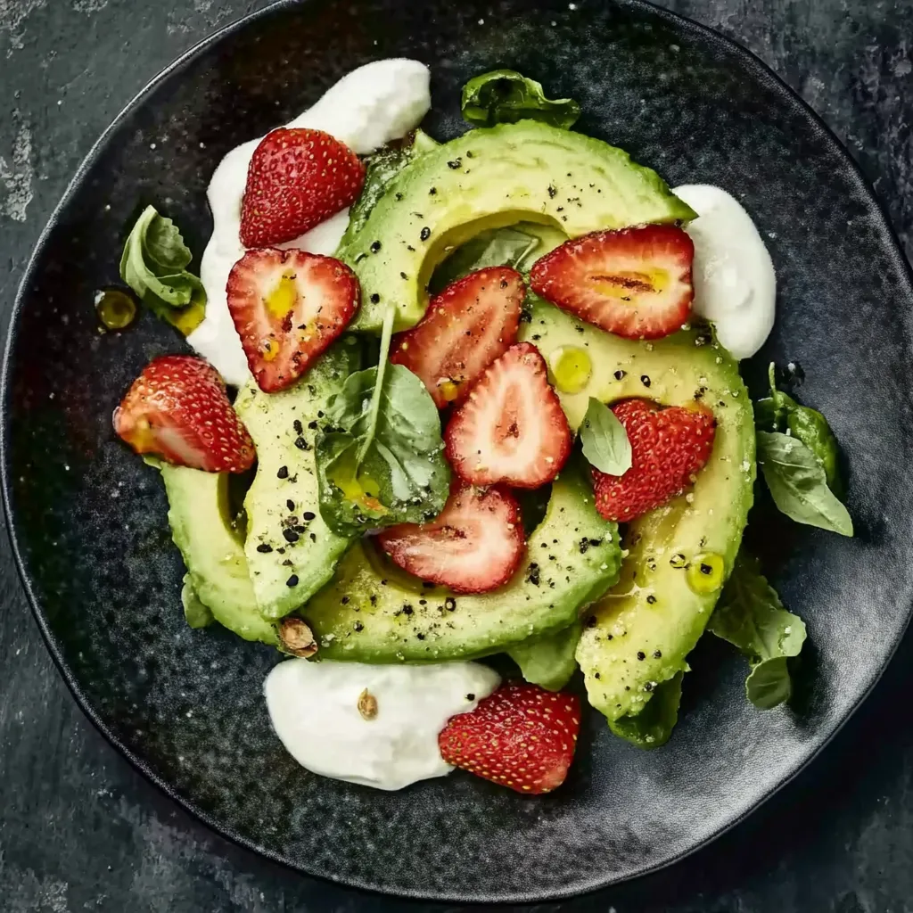 Eine Platte mit Avocado, Strawberries und Basilikum.