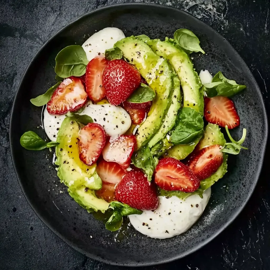 Ein schönes Salat aus Strawberries, Avocado und Spinat auf einem schwarzen Teller.
