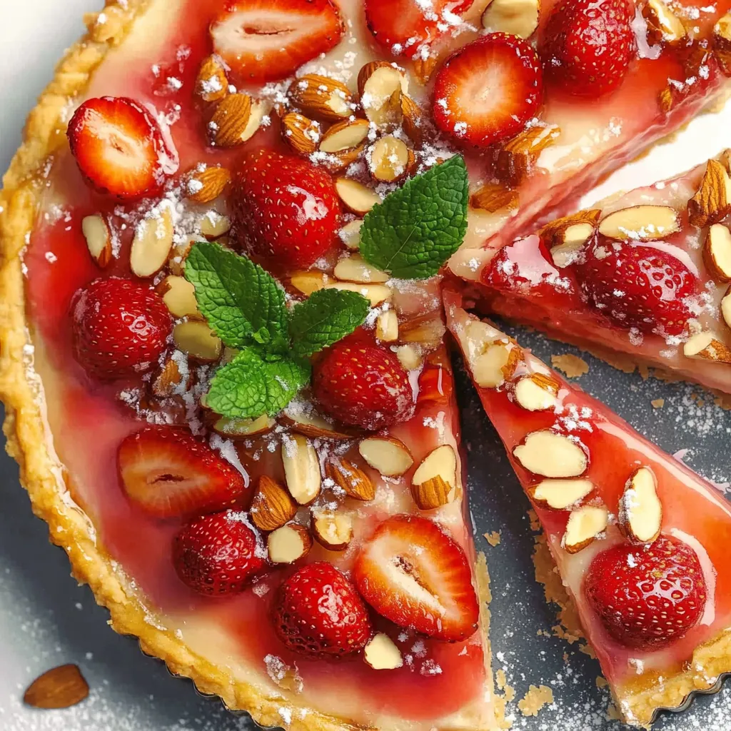 Eine Strawberry-Nuss-Tarte mit einem Stück abgerissen.