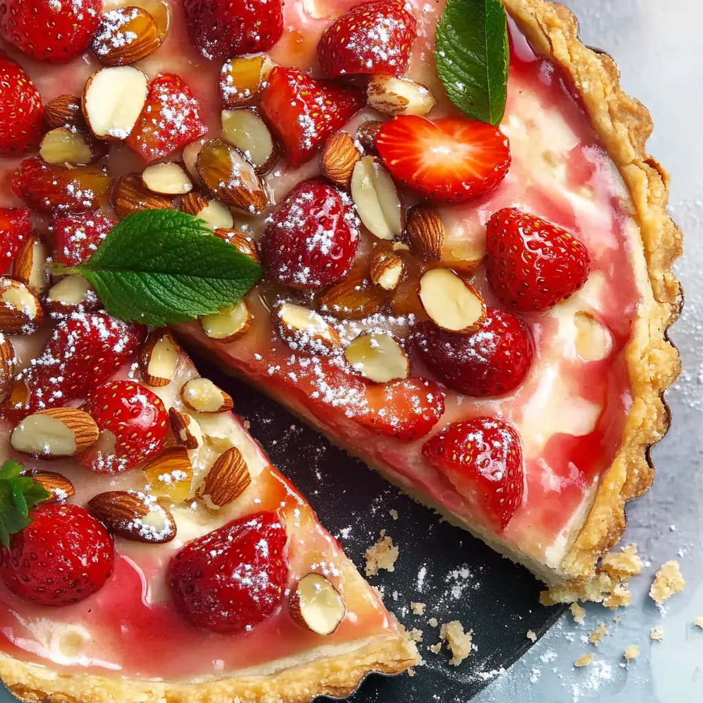 Eine Strawberry-Kuche mit Nüssen und Zucker auf einem Tisch.