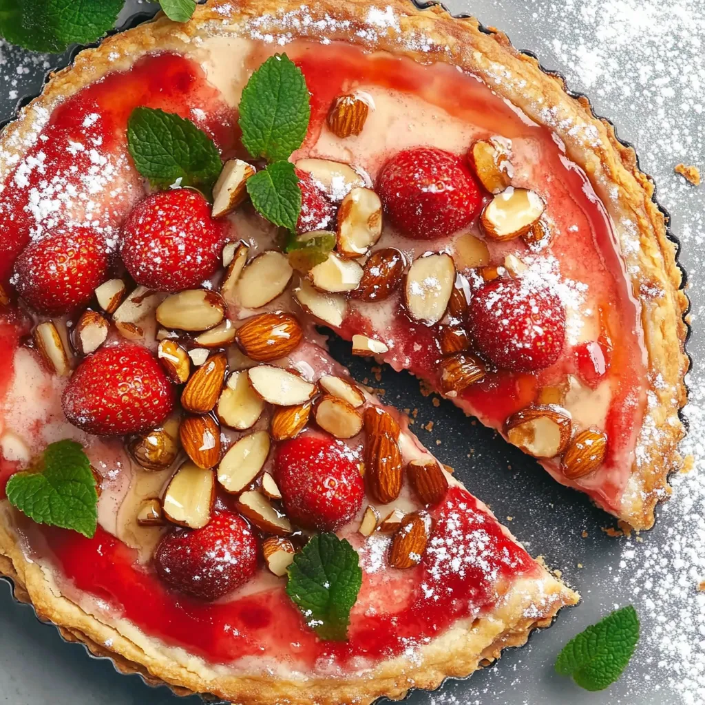 Eine halbe Strawberry-Nuss-Tarte mit einer Schicht aus Strawberries, Nüssen und Gewürzen.