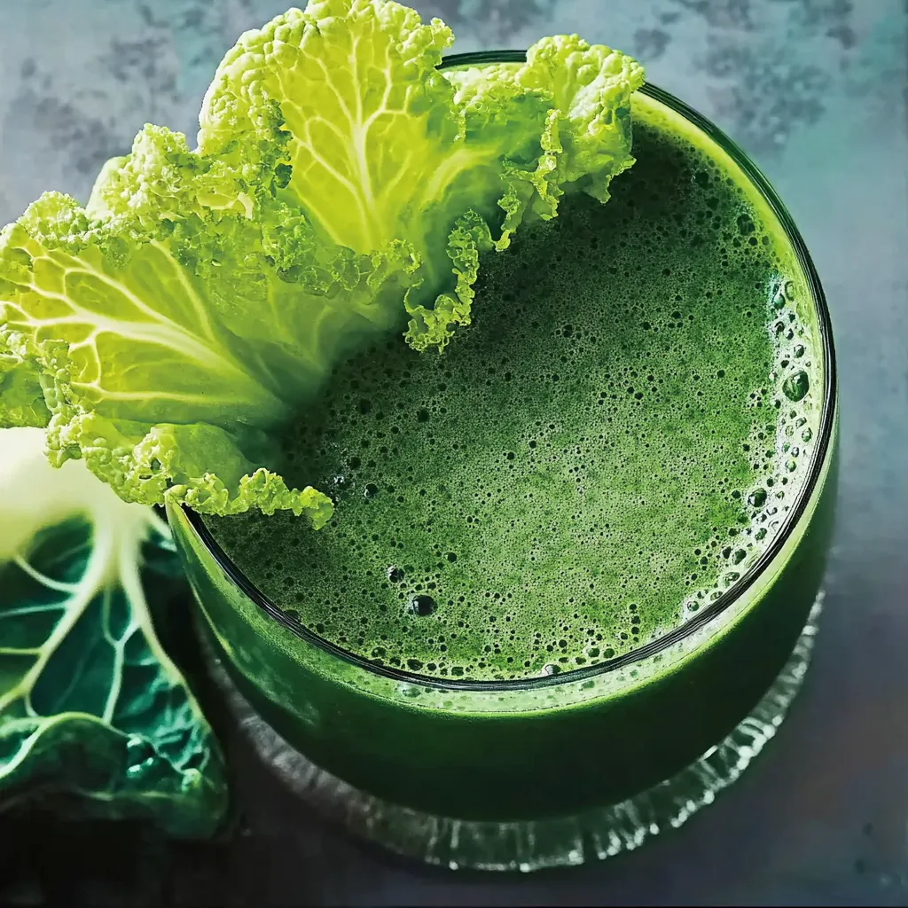 Ein Glas mit grünem Getränk, das aus Kohl und anderen Zutaten hergestellt wurde.