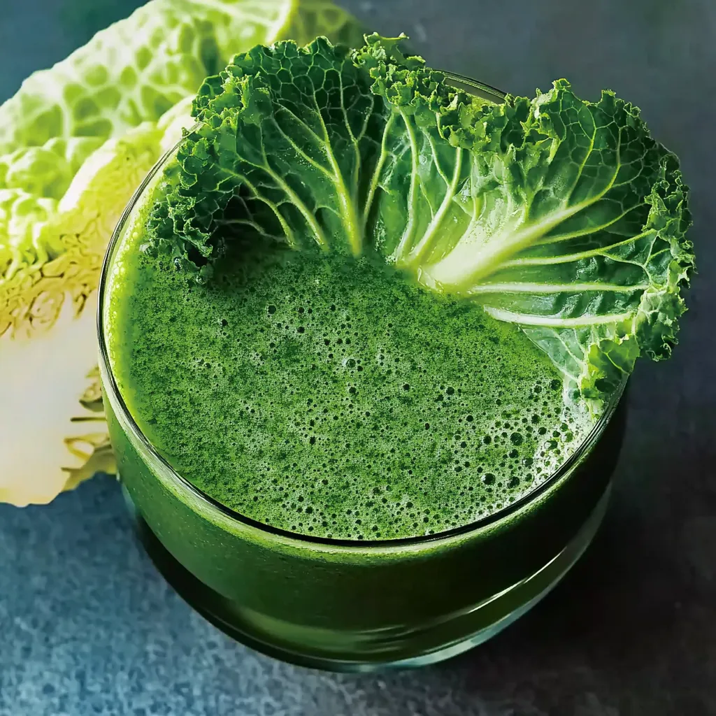Ein Glas mit grünem Getränk, das aus Kohl und anderen Zutaten hergestellt wurde.