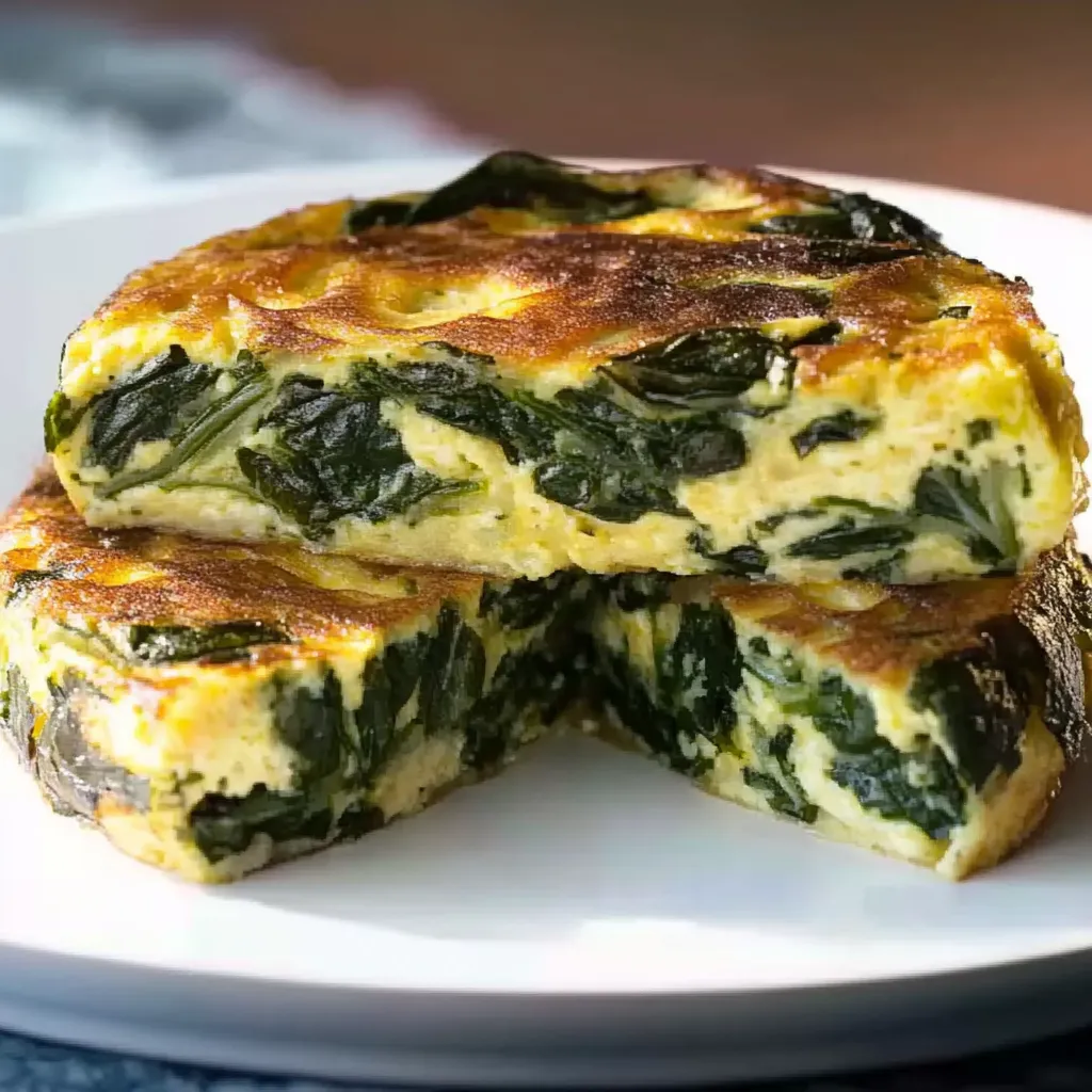 Ein weißer Teller mit zwei quadratischen, grünen und goldenen Kichererbsen-Omeletts.
