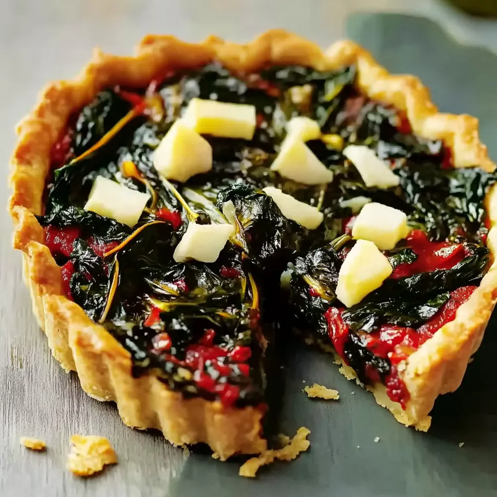 Ein Stück Käsekuchen mit grünem Blatt und Käse auf einem Teller.