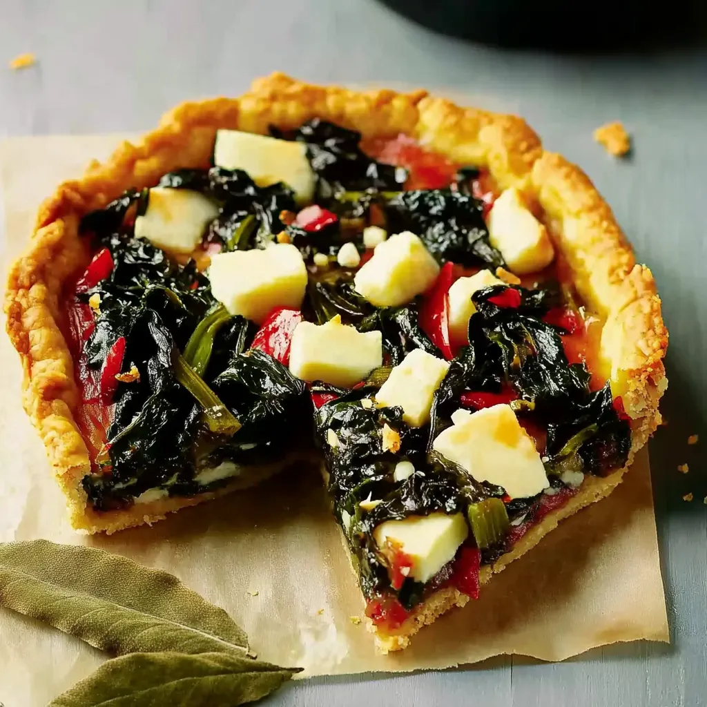 Ein Stück Käsekuchen mit grünen Blattchen und Tomaten.