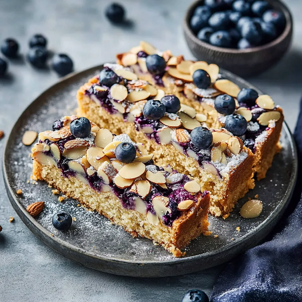 Ein Stück Kuchen mit Blaubeeren und Walnüssen auf einem Teller.