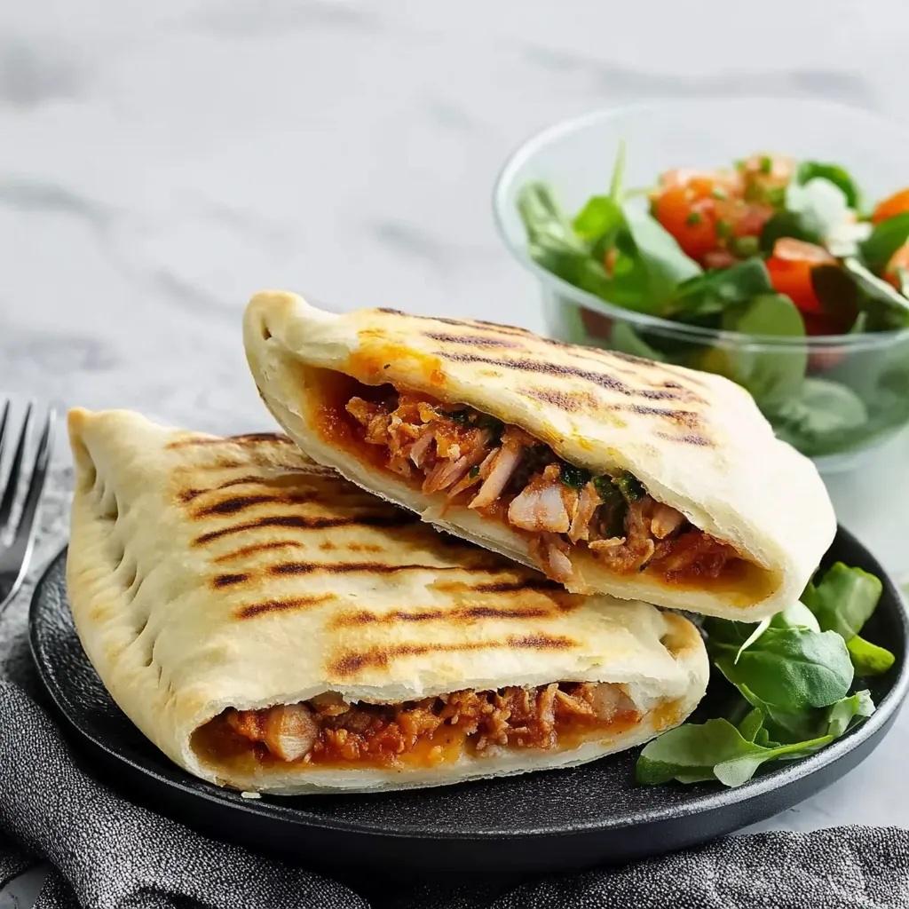 Ein Sandwich mit Pizza und Salat auf einem Teller.