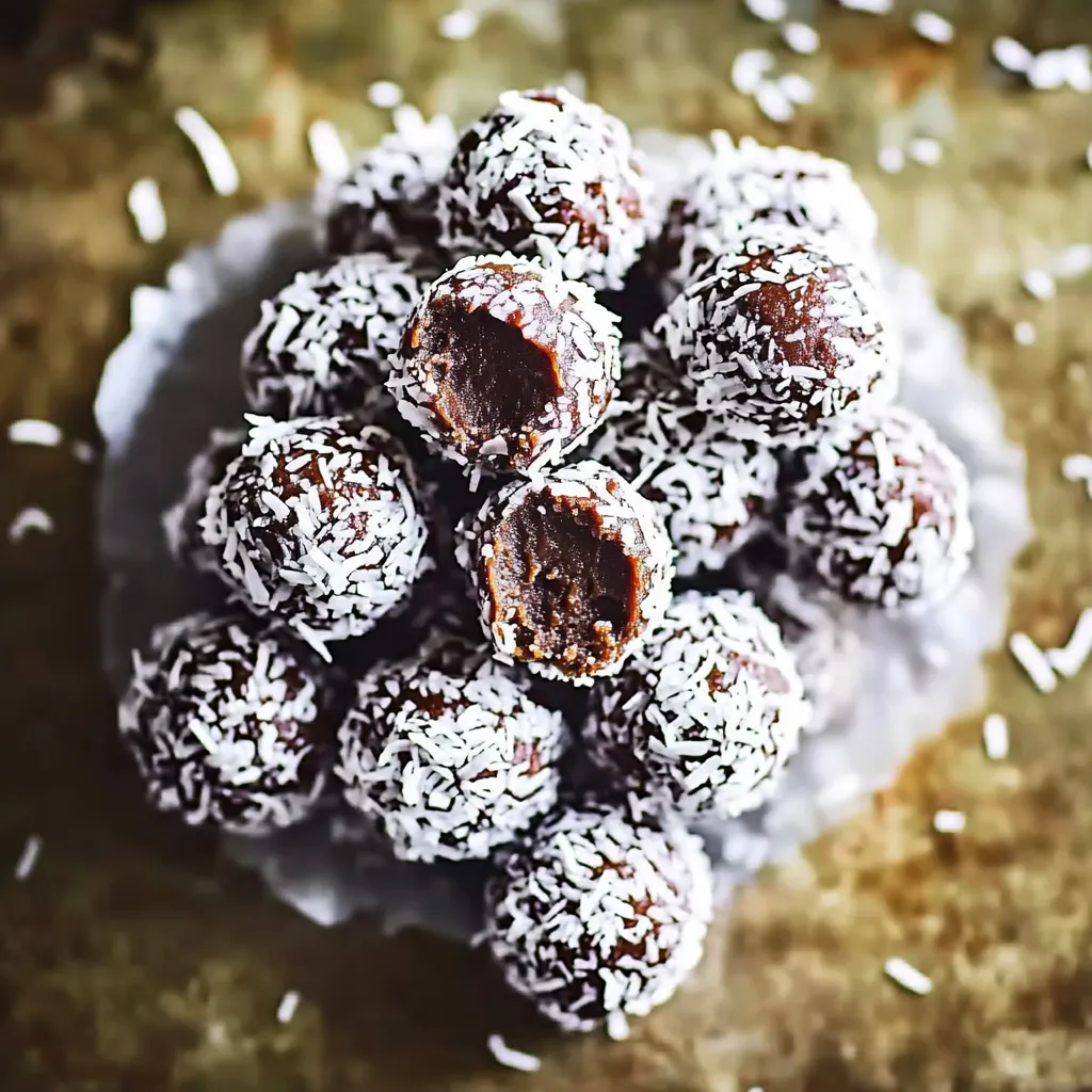 Eine Platte mit 14 Kugelchen, die mit Puderzucker und Kokosnusszucker garniert sind.